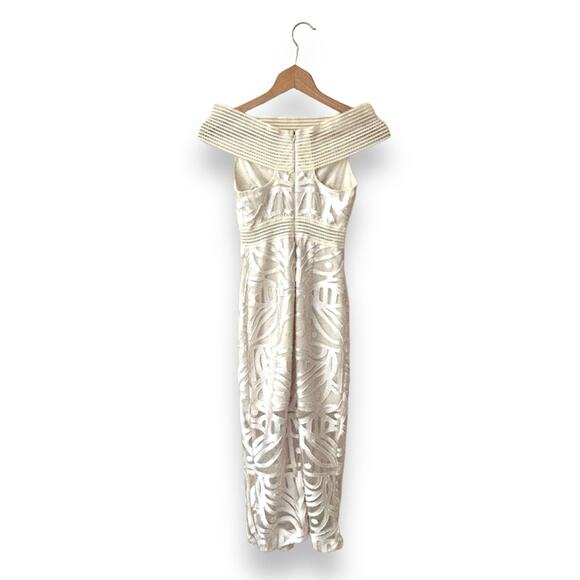 Alice McCall Lunar Eclipse Midi Dress Off Shoulder Mesh Devoré Oatmeal 0 Women’s - Picture 9 of 13